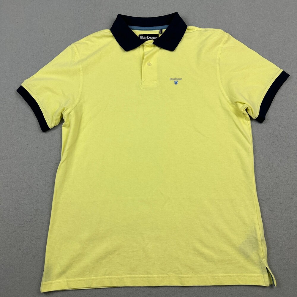 Barbour Polo Shirt Men Large Yellow Solid Pique Knit Embroidered Contrast Trim L